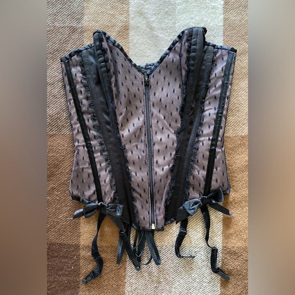 Elegant Black and Gray Corset Top with Bow Details, Sz S